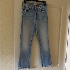 MOTHER Light Blue High-Rise Flare Jeans with Frayed Hem